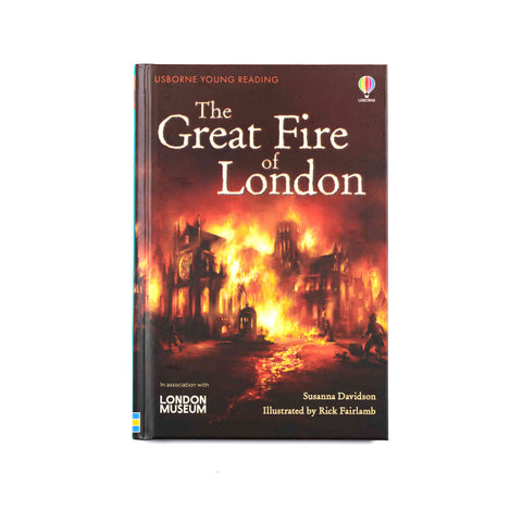 Book cover of The Great Fire of London featuring an illustration of a burning building and the London Museum logo 