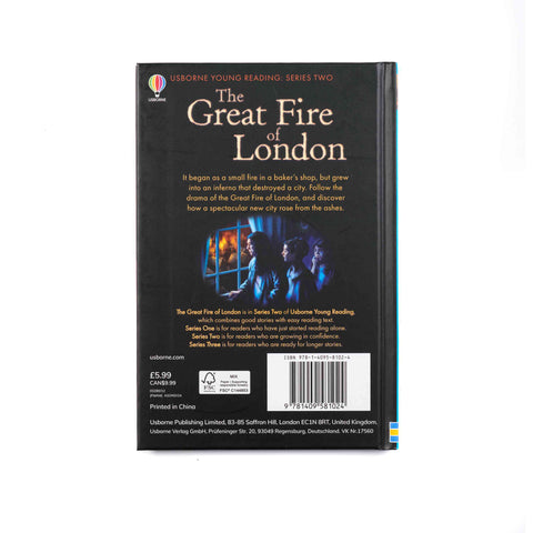 Back cover of a book titled 'The Great Fire of London' by Usborne, featuring text and a barcode.