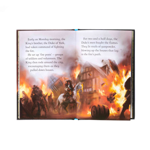 Open book with a historical scene of a city on fire and soldiers on horseback, with text describing events.
