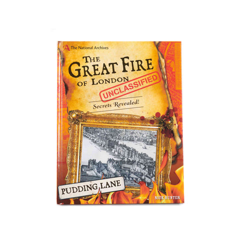 Book cover of The Great Fire of London Unclassified with an framed image of London surrounded by an orange and yellow background. 