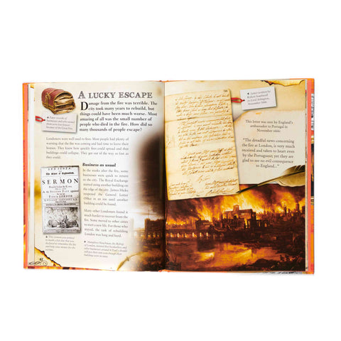 Open book with historical text  and images about the Great Fire of London on a white background