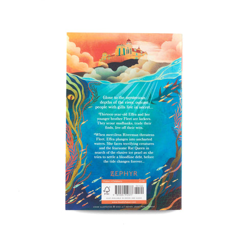 Back cover with a colourful illustration of a castle and water. 