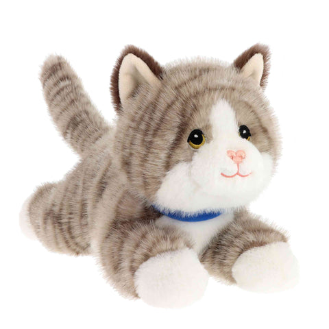 Plush toy cat with gray and white fur on a white background