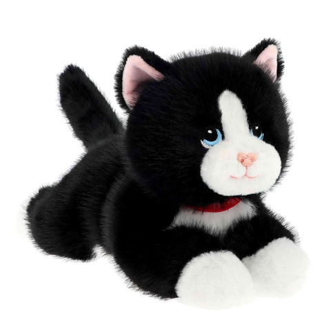 Plush toy cat with black and white fur on a white background