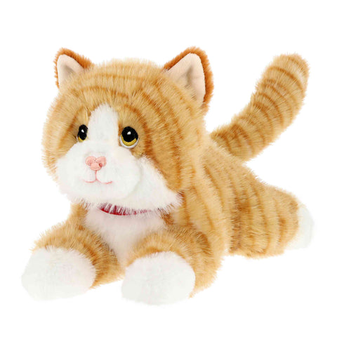 Plush toy cat with orange and white fur on a white background