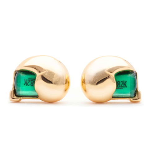 Gold stud earrings with green e-waste inserts on a white background