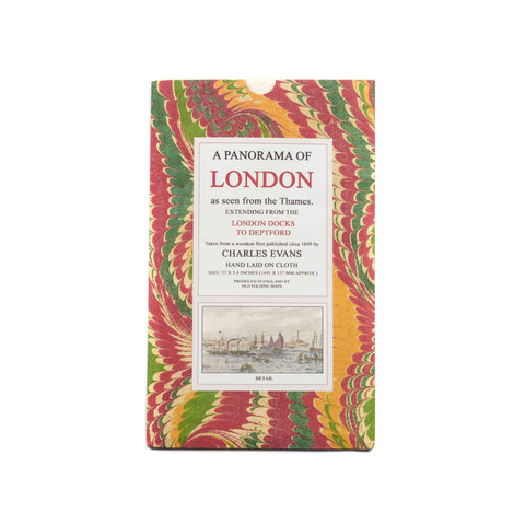 Print slipcase with colourful marbled  design and text about a panorama of London