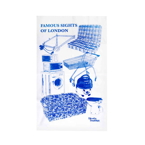 White tea towel featuring blue and white illustrations of discarded household items with 'Famous Sights of London' text on a white background.