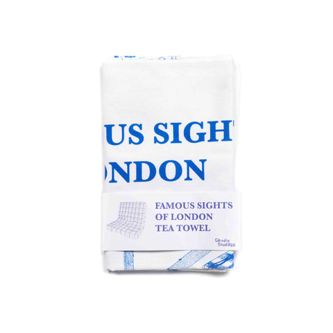Tea towel with 'US SIGH NDON' text with bellyband featuring the text "FAMOUS SIGHTS OF LONDON TEA TOWEL"