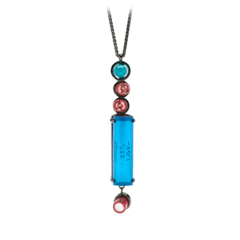 Necklace with colourful beads on a white background.