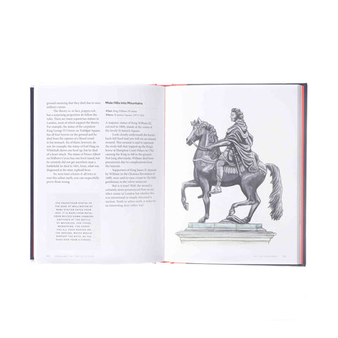 Open book with an illustration of a statue of a man on a horse on one page and text on the other, on a white background.