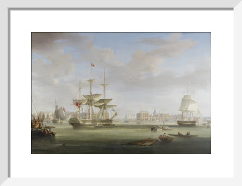 Oil on canvas painting entitled 'Thomas King Entering London Dock 1822-27, by William John Huggins (1781-1845).