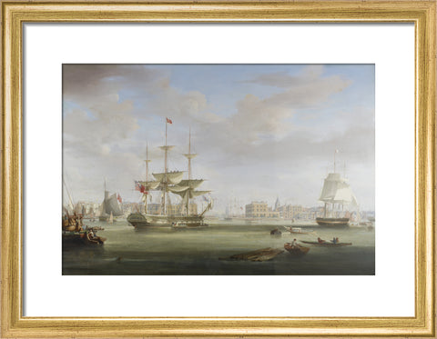 Oil on canvas painting entitled 'Thomas King Entering London Dock 1822-27, by William John Huggins (1781-1845).