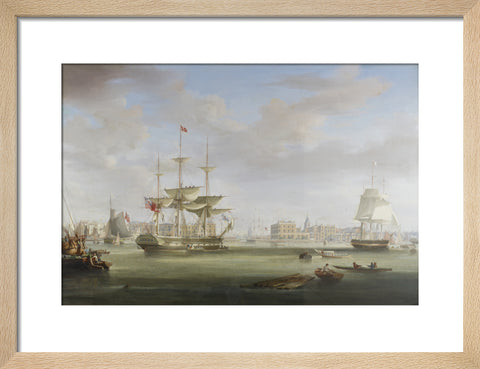 Oil on canvas painting entitled 'Thomas King Entering London Dock 1822-27, by William John Huggins (1781-1845).