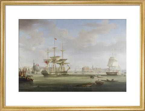 Oil on canvas painting entitled 'Thomas King Entering London Dock 1822-27, by William John Huggins (1781-1845).