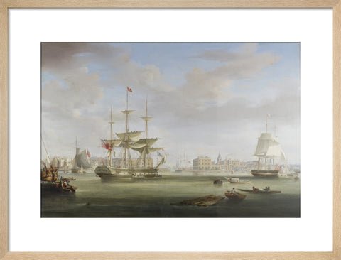 Oil on canvas painting entitled 'Thomas King Entering London Dock 1822-27, by William John Huggins (1781-1845).