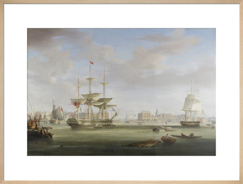 Oil on canvas painting entitled 'Thomas King Entering London Dock 1822-27, by William John Huggins (1781-1845).