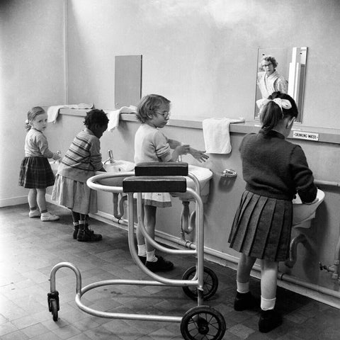 Children in the school toilets at the 'FDR School for Handicapped Children'