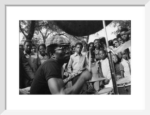 Band playing music to crowd at fun fair, Brent Cross 1973