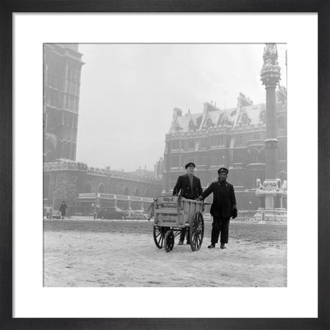 Newspaper sellers in the snow in Westminster