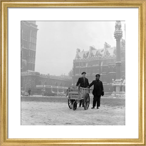 Newspaper sellers in the snow in Westminster