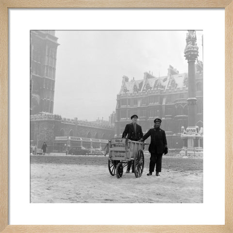 Newspaper sellers in the snow in Westminster