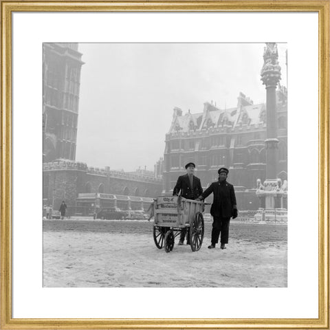 Newspaper sellers in the snow in Westminster