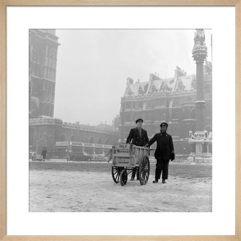 Newspaper sellers in the snow in Westminster