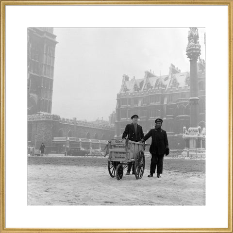 Newspaper sellers in the snow in Westminster