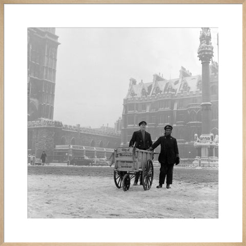 Newspaper sellers in the snow in Westminster
