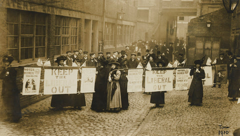 Suffragettes campaigning in South St Pancras during the General Election, January 1910.