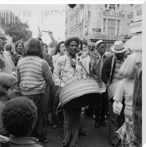 A steel drum player in a local festival at Belsize Park 1975