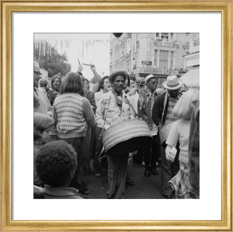 A steel drum player in a local festival at Belsize Park 1975