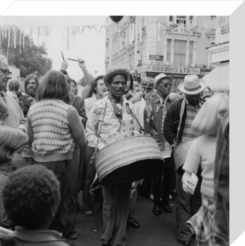 A steel drum player in a local festival at Belsize Park 1975