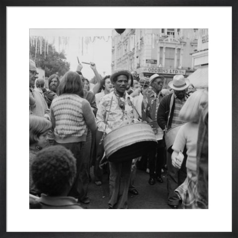 A steel drum player in a local festival at Belsize Park 1975