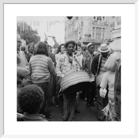 A steel drum player in a local festival at Belsize Park 1975