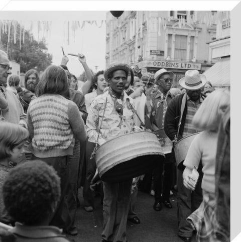 A steel drum player in a local festival at Belsize Park 1975