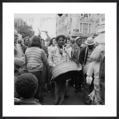 A steel drum player in a local festival at Belsize Park 1975