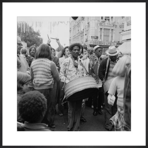 A steel drum player in a local festival at Belsize Park 1975