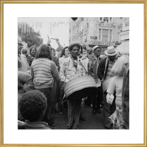 A steel drum player in a local festival at Belsize Park 1975