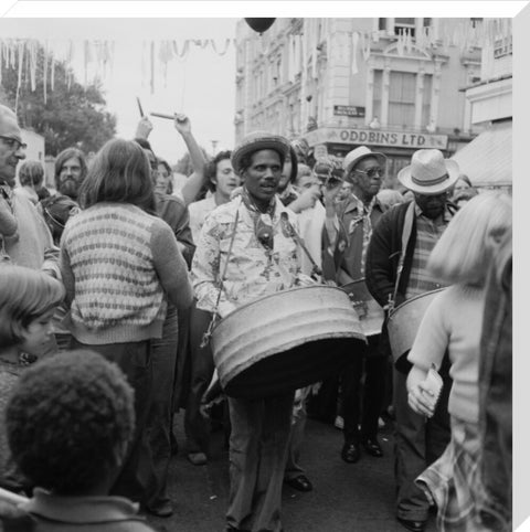 A steel drum player in a local festival at Belsize Park 1975