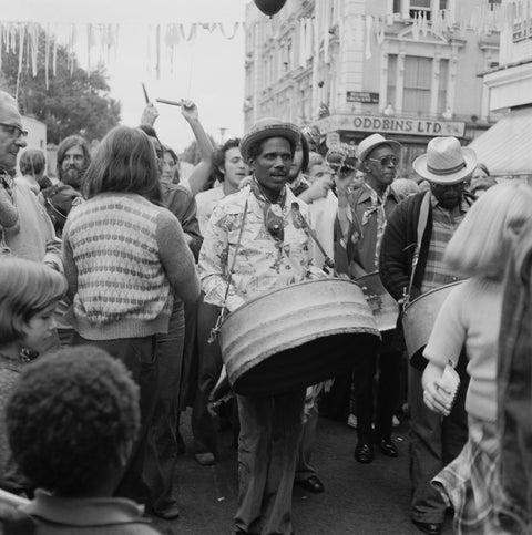 A steel drum player in a local festival at Belsize Park 1975