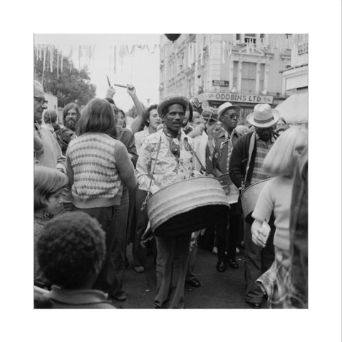 A steel drum player in a local festival at Belsize Park 1975