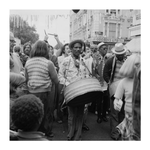 A steel drum player in a local festival at Belsize Park 1975