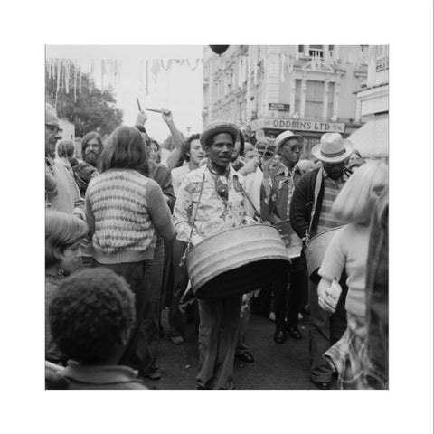 A steel drum player in a local festival at Belsize Park 1975