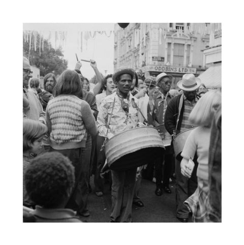 A steel drum player in a local festival at Belsize Park 1975