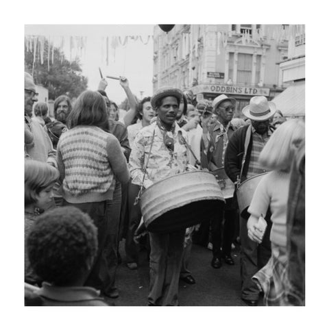 A steel drum player in a local festival at Belsize Park 1975