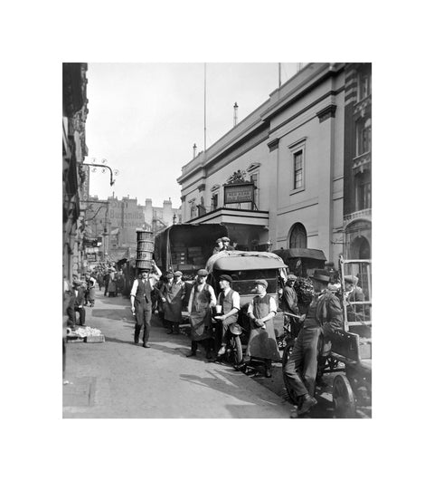 Garden market porters and van drivers outside the Theatre Royal Drury Lane 20th century