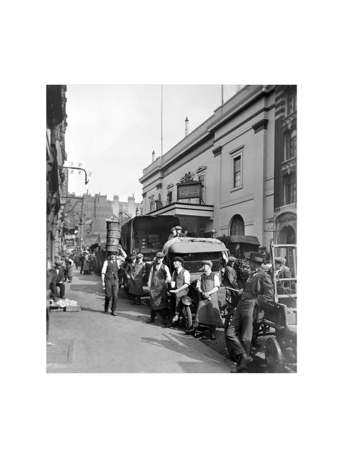 Garden market porters and van drivers outside the Theatre Royal Drury Lane 20th century