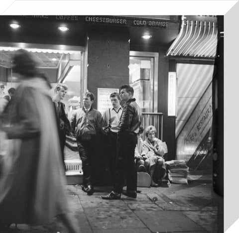 A group of 'teddy boys' outside a burger bar 1962